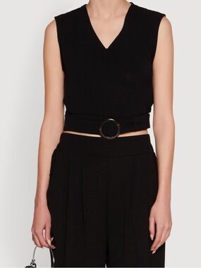 Love Black V-Neck Drape Sleeve Cropped Top with Ring-Buckle Belt Size Large